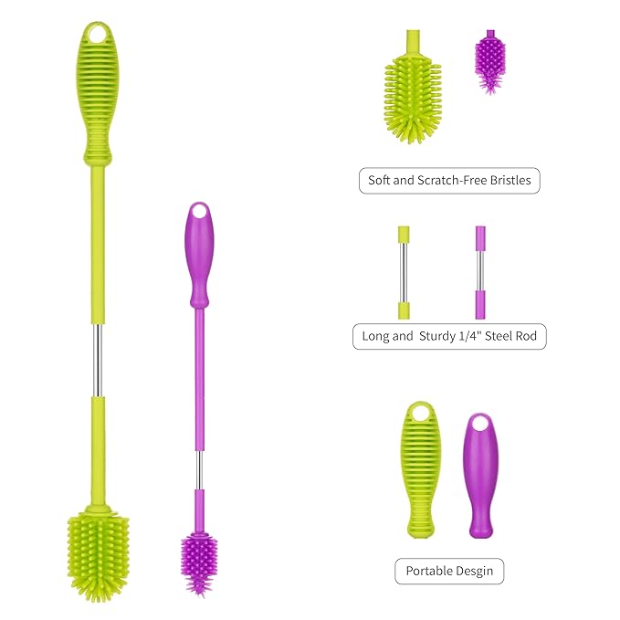 A-Brush Silicone Bottle Cleaner Brush, 2 Piece Set, Flexible, Long Handle - Water Bottle Cleaner, Baby Bottle Nipple Brush for Plastic & Glass, BPA-Free Dish Washing Brush A2S Protection - Image 3
