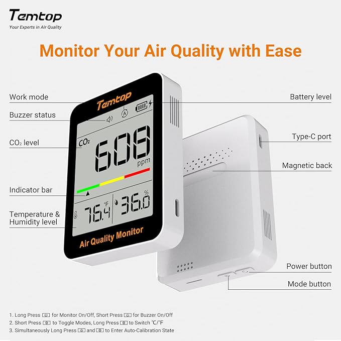 Temtop C1 Dual Pack CO2 Monitor Indoor Air Quality Monitor Portable CO2 Meter, CO2, Temperature, Humidity for Home, Office, School - Image 6