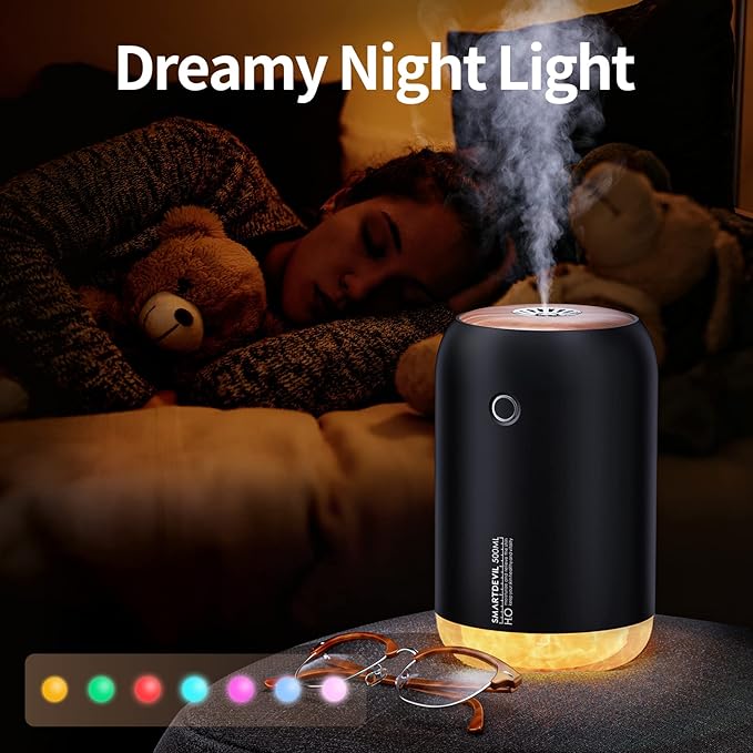 SmartDevil Portable Mini Humidifier, 500ml Desk Plant Humidifier, USB Personal for Bedroom, Office with Night Light, 2 Mist Modes, Black - Image 6