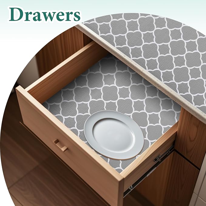 Shelf Liners for Kitchen Cabinets 12in x 30FT Non Adhesive Drawer Liner Gray Quatrefoil Thickened Shelf Liner Paper Strong Non-Slip Easy to Clean for Tool Box Refrigerator with Knife and Tape Measure - Image 6