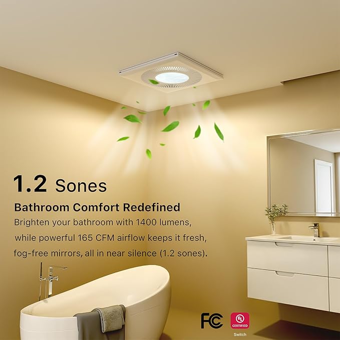 Bathroom Exhaust Fan with Light 165CFM Shower Bathroom Vent Fan with 11.8IN 15w Led Light Combo Quiet 42dB Bath Ceiling Exhaust Fan with Adjustable Led Light 3000k/4000k/6500k For Home Bath - Image 3