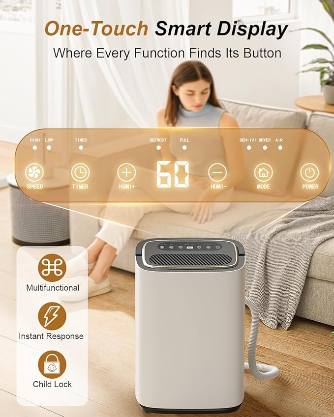 4800 Sq. Ft. Dehumidifier for Basement, 50 Pint Quiet Dehumidifiers for Home with Drain Hose, Smart Humidity Control, 24H Timer & Child Lock, Ideal for Large Rooms, Bathroom, Bedroom, Garage - Image 3
