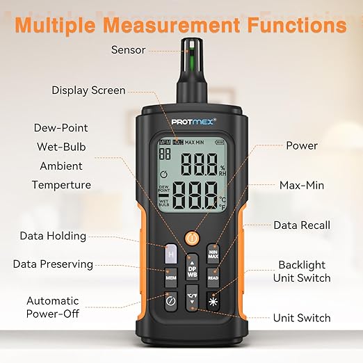 YT606 Temperature Humidity Meter High Precision Digital Hygrometer with Ambient, Relative Humidity, Dew Point, Wet Bulb Thermometer for Indoor Outdoor, Digital Thermometer Min/Max Hold, LCD Backlight - Image 2