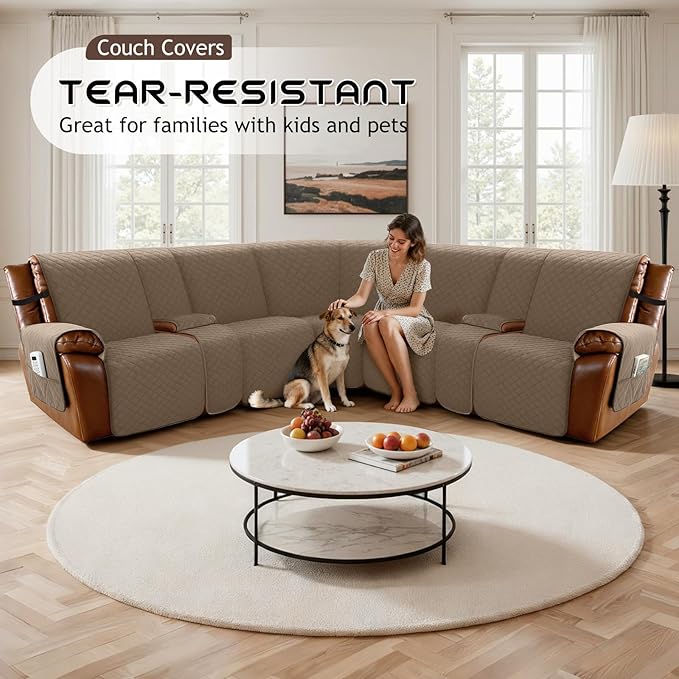 Arfntevss Waterproof Recliner Sectional Couch Covers for Reclining L Shape Sofa Cover Non Slip Washable L Shaped Slipcover Sets for Dog Furniture Protector (5 Seat with 2 Console Cover, Light Brown) - Image 7