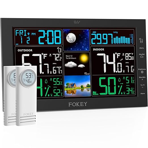 Weather Station Wireless Indoor Outdoor, Indoor Outdoor Thermometer Wireless, Home Atomic Clock Weather Stations, Temperature Humidity Barometer Inside Outside Thermometers, Black with 2 Sensors by FOKEYDIRECT
