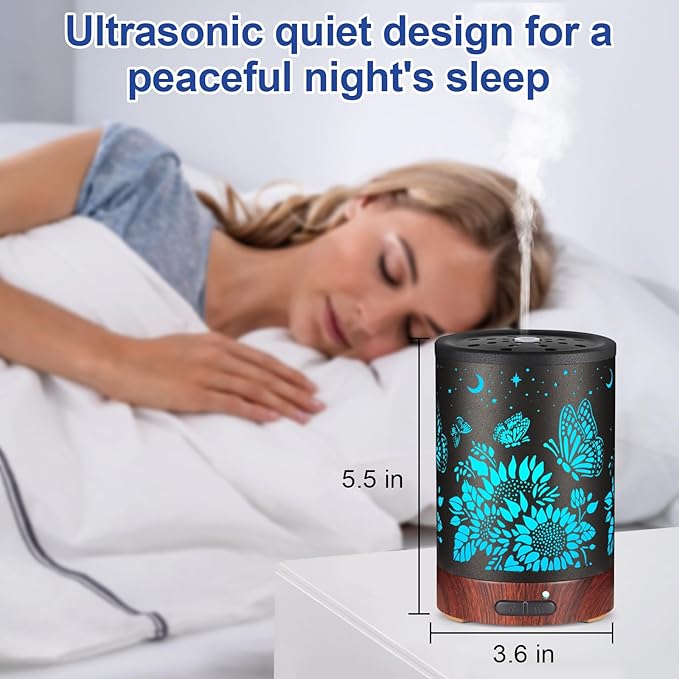 Essential Oil Diffuser- Aromatherapy Diffuser with7 Colors Light and Auto-Off for Women Metal Cool Mist Humidifier for Home and Office for Mom Women（Sunflower + Butterfly） - Image 5