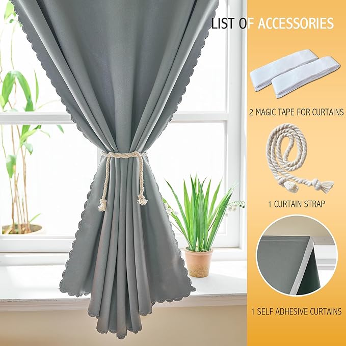 Magic Tape Stick on Portable Curtains for Windows,Bedroom Blackout Curtains for - Thermal Lnsulated No Drill Curtains Room Darkening Black Small Drapes(1 Panels,59Wx84L inch-Silver Gray) - Image 6
