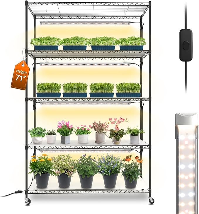 Bstrip Plant Shelf with Grow Light, 5 Tier Large Tall Plant Stand with 3FT T8 120W Grow Light for Indoor Plants, Full Spectrum LED Plant Light with wheel for Seedling, (47.2" Lx17.8 Wx71 H) by Bstrip