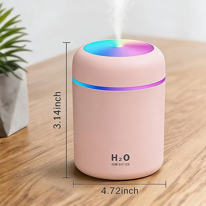300ml USB Cool Mist Small Humidifier with Colorful Lights,Portable Mini Humidifier, Perfect for Bedroom, Office, Plants, travel & Car, Pink - Image 2