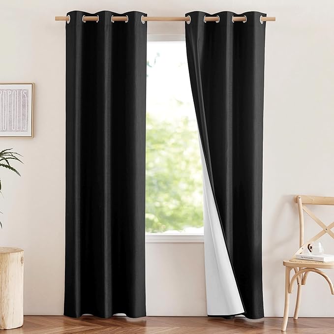 NICETOWN Vintage Open Linen Weave Flax Thermal Curtains, 100% Blackout Curtains 84 inches Long for Dining Room, Soundproof Window Treatment Drapes for Hall Room, Black, 42" Wide Per Panel, Set of 2 by NICETOWN