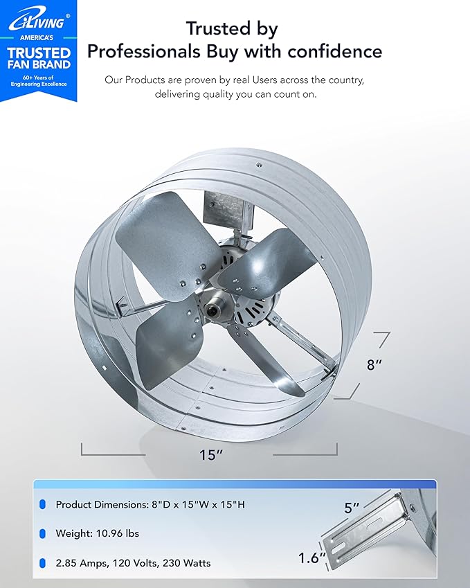 iLiving ILG8G14-12T Automatic Gable Mount Attic Ventilator Fan with Adjustable Thermostat, 2.85 Amp, 2339 CFM, Single-Speed | Automatic, 2339 CFM, 3.10 Amp, Single-Speed - Image 3