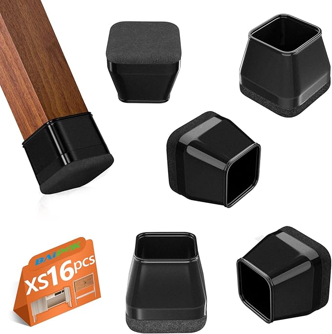 16Pcs Square Chair Leg Floor Protectors with Thickened Felt Pads Silicone Chair Leg Covers Caps to Protect Hardwood Tile Floors Furniture Feet Reduce Noise (Black XS Fit 0.55"-0.75") by BAIPOK