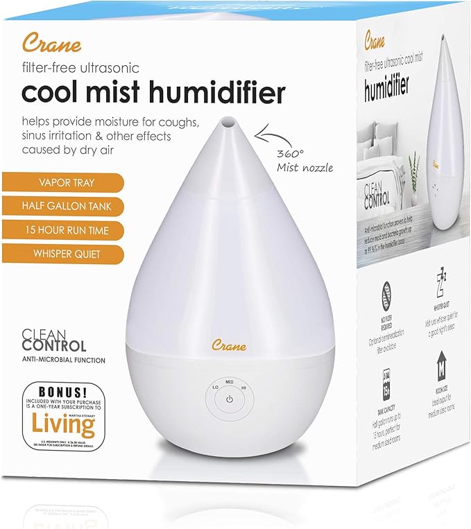 Crane Teardrop Ultrasonic Cool Mist Humidifier for Baby Nursery, 0.5 Gallon, Adjustable Settings, Essential Oil Diffuser White - Image 8