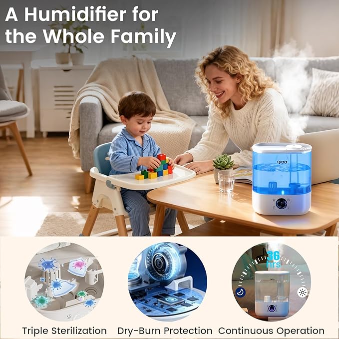 QIDO Top Fill Humidifiers for Bedroom, 5 L Cool Mist 36H Super Long Time, Quiet 28dB Essential Oil Diffuser for Baby & Plants, 3 Adjustable Mist with Touch/APP/7-color Nightlight, Auto Shut-off, White - Image 3