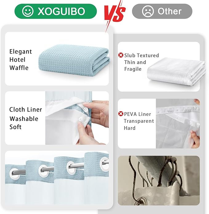 Aqua No Hook Shower Curtain and Liner Set,Hotel Waffle Shower Curtain with Liner 75" L x 72" W - Image 5