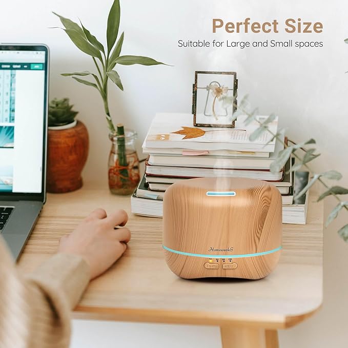 Homeweeks 300ml Essential Oil Diffuser, Quiet Aromatherapy Mist Diffusers for Essential Oils, Wood Grain, Ultrasonic, Remote Control, Timer, 7 Colors Light for Bedroom (300ml Yellow Wood Grain) - Image 6