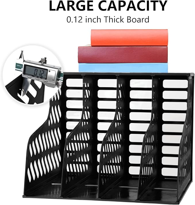 SAYEEC Magazine File Holder, Plastic Desktop File Folder Organizer with 4 Large Compartments, Vertical Desk Binder Organizer Office Organization and Storage File Holder for Desk, School, Home (Black) - Image 3