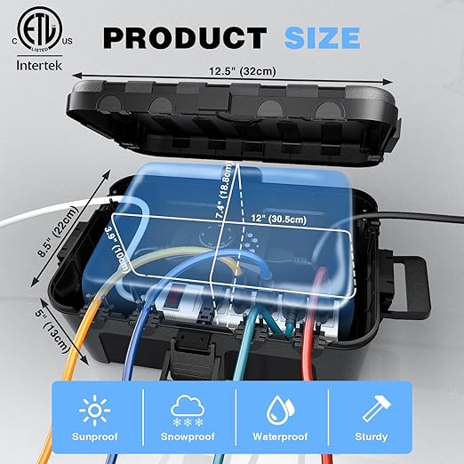 Flemoon Large Outdoor Electrical Box (12.5 x 8.5 x 5 inch), IP54 Waterproof Extension Cord Cover Weatherproof, Protect Outlet, Plug, Socket, Timer, Power Strip, Holiday Light Decoration, Black - Image 4