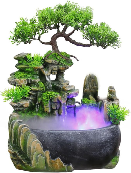 11-Inch Tabletop LED Waterfall Fountain with Atomizer – Quiet Resin Rockery Mist Humidifier for Bedroom, Office, Meditation or Gift Décor by WEMAKMAK
