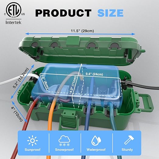 Flemoon [2 Pack] Outdoor Electrical Box Waterproof, Medium Weatherproof Electrical Box (11.5x5.2x4 inch) w/6 Cable Entry Ports, Extension Cord Cover for Power Strip, Timer, Plug, Holiday Light, Green - Image 3