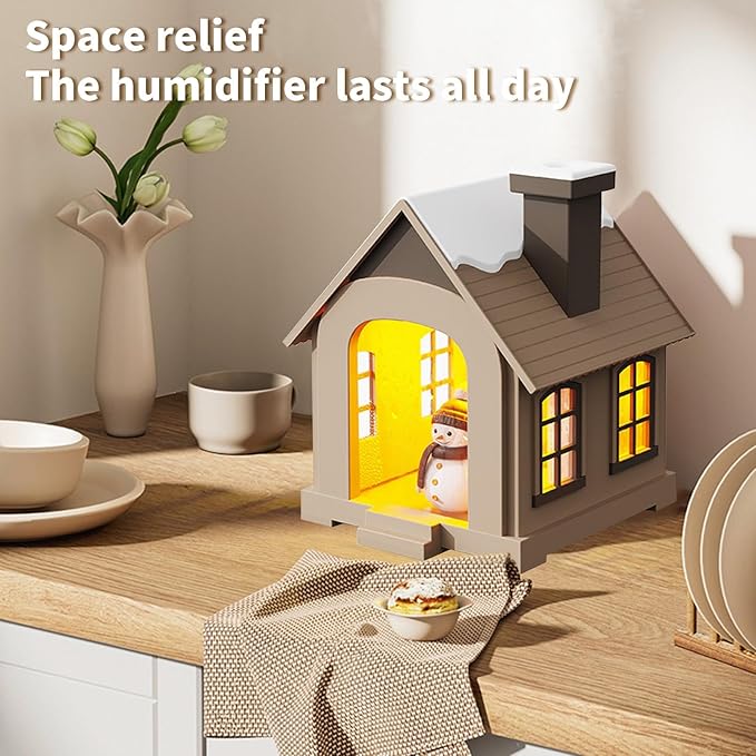 Christmas Village Houses Humidifier 500ml, Cute Snow House Cool Mist Humidifier with Snowman Figurines & Night Light for Bedroom & Office Décor (Brown) - Image 2