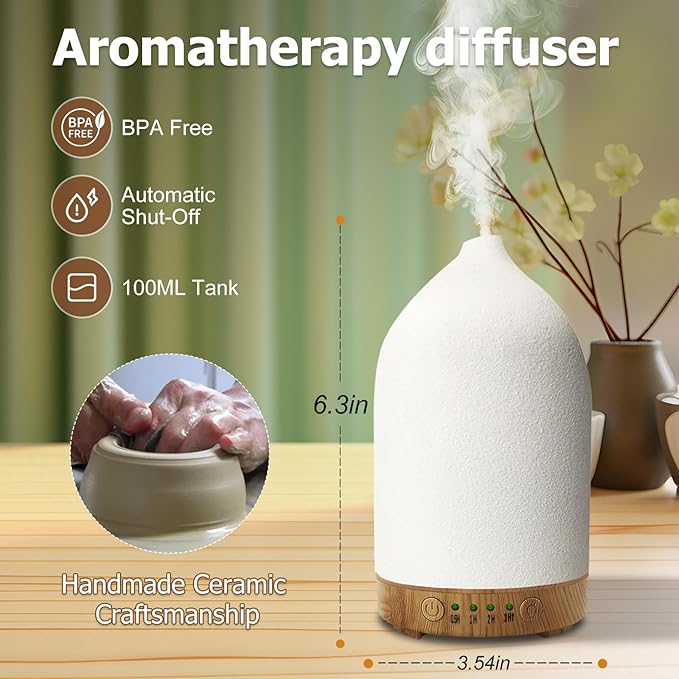 Essential Oil Diffuser Humidifiers, Aromatherapy Diffusers, Ceramic Essential Oil Diffuser, 7 Color LED Lights Auto Shut-Off, 4 Timer Mode for Office and Room 100ML White - Image 2