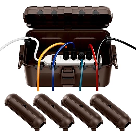 RESTMO 5-Piece Outdoor Waterproof Electrical Box Set – 12.5" x 8.5" x 5" Large & 7.1" x 2.3" x 2.3" Small, Weatherproof Boxes for Power Strip, Outlet, Plug, Socket, Timer, Holiday Light, Brown by Restmo