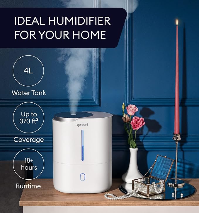 GENIANI Cool Mist Air Humidifiers for Bedroom, Plants, and Large Rooms - Quiet Humidifiers for Baby Room with Auto Shut Off & Night Light (3.9L, White) - Image 2