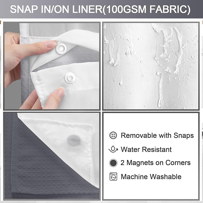 No Hook Shower Curtain and Liner Set,Ombre Grey Hotel Waffle Shower Curtain with Liner 75" L x 72" W - Image 3