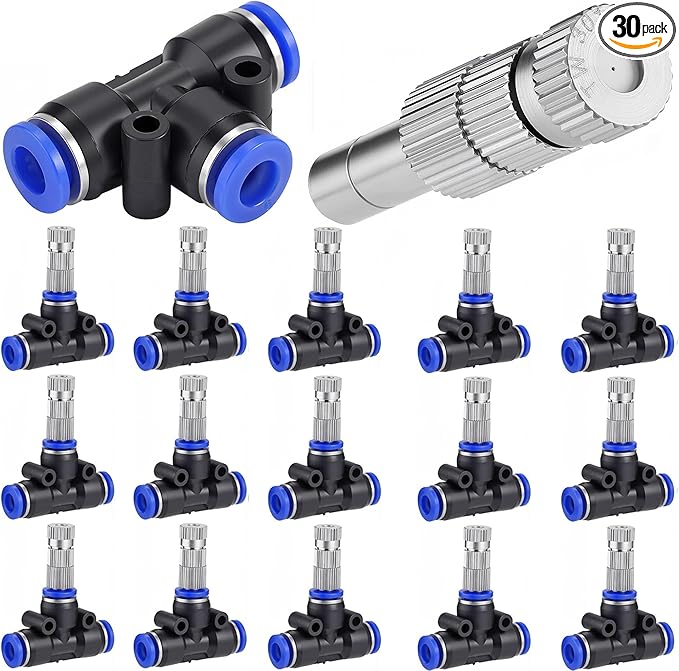 Mornajina 30 Pcs Brass Misting Nozzles Mister Replacement Nozzles with Filter Mesh & 1/4" Water Misting Nozzle Tees Kit, 0.012"/0.3mm Orifice Misting System Heads Sprayer for Outdoor Cooling System by Mornajina