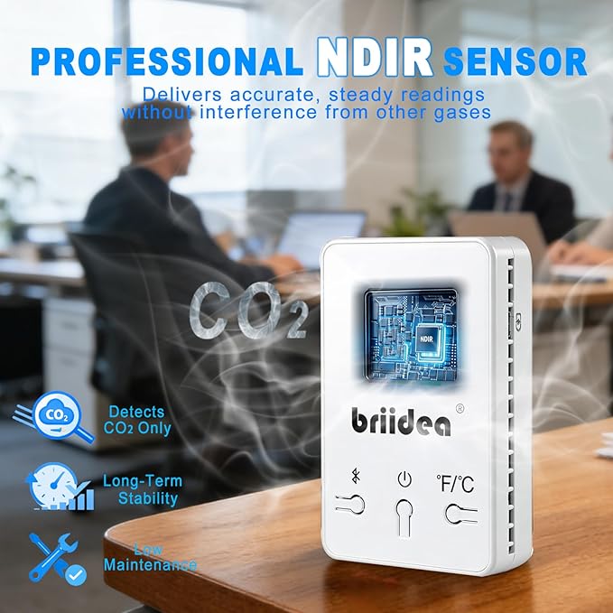 Wireless Indoor Air Quality Monitor, Briidea Bluetooth Portable CO2 Detector with NDIR Sensor for Home Office School, CO2 Temp Humidity Monitoring, App Data History, E-Ink Screen, 4-Year Battery Life - Image 4
