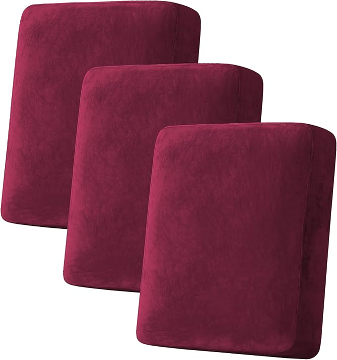 H.VERSAILTEX Velvet Stretch Couch Cushion Cover Plush Cushion Slipcover for Chair Loveseat Sofa Cushion Furniture Protector Seat Cushion Sofa Cover (3 Piece Sofa Cushion Covers, Burgundy) by HVERSAILTEX