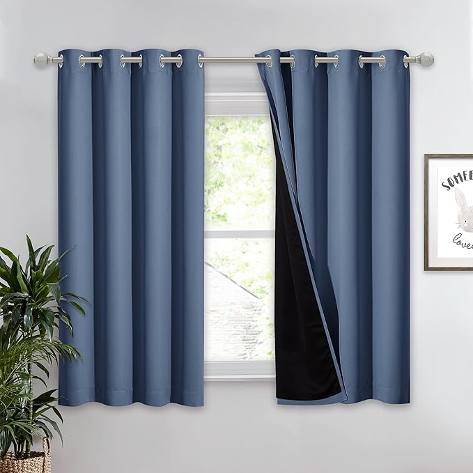 NICETOWN 100% Blackout Curtain with Black Liner, Thermal Insulated 2-Layer Lined Drape, Room Warming Small Window Drapery for Dining Room (Stone Blue, 1 Panel, 52 inches W by 54 inches L) by NICETOWN