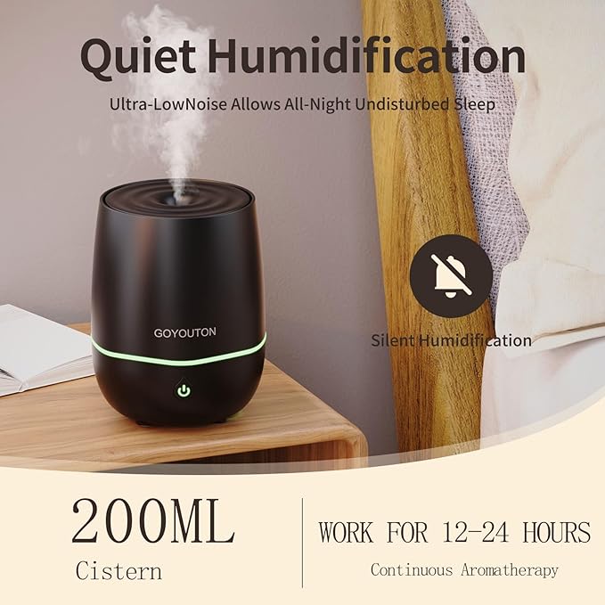 Essential Oil Diffuser, 200ML Diffusers for Home Scent Aromatherapy Diffuser Air Desk Humidifier Aroma Diffuser for Bedroom Room Office with 7 Color LED Lights Quiet Waterless Auto Shuts-off (Black) - Image 3