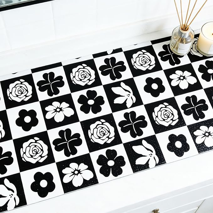 Shelf Liners Non Adhesive Black & White Checkerboard Floral - Thickened Non-Slip Easy to Clean Drawer Liner for Kitchen Cabinets, Tool Box, Refrigerator, with Knife & Tape Measure,17.3in x 354.3in - Image 2