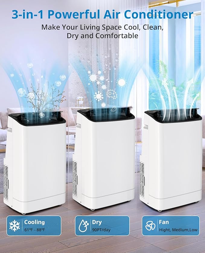 GarveeLife 14,000 BTU Portable Air Conditioner - 3-in-1 Cooling, Dehumidifier & Fan - Fast Cooling, Quiet Operation, LED Display, Remote - For Rooms up to 750 Sq.Ft - Color: White - Image 4