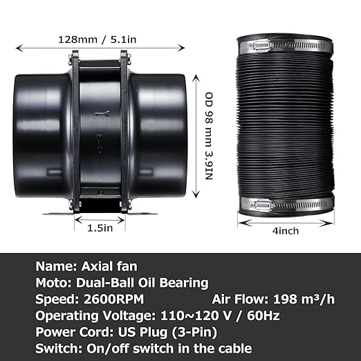 4inch Axial Fan Kit, Exhaust Extractor Blower Ventilation Fan with Button Switch, Dryer Hose for Grow Tent, HVAC, 3D Printer - Image 2