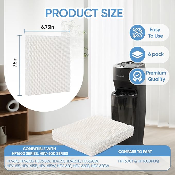 HFT600 6 Pack Humidifier Wicking Filter T Replcement Compatible with Honeywell HEV615 HEV620 Humidifier, Compared to Part HFT600T HFT600PDQ Wicking Filter, White - Image 2