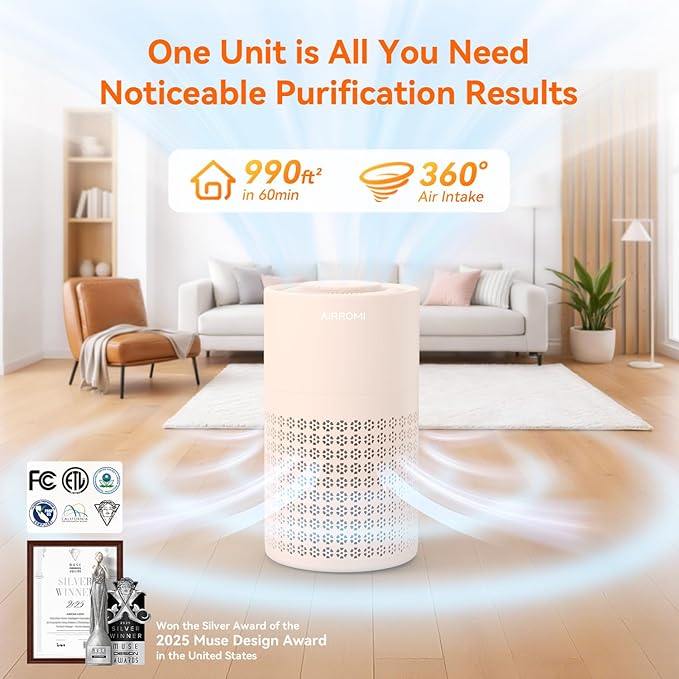 AIRROMI Air Purifier for Bedroom with HEPA 3-in-1 Filter, Pet Air Purifier for Home Cat Pee Smell, Covers Upto 990 Ft², Quiet 360°intake Air Cleaner for pet hair,allergies,Dust,Smoke A2001 Orange - Image 2