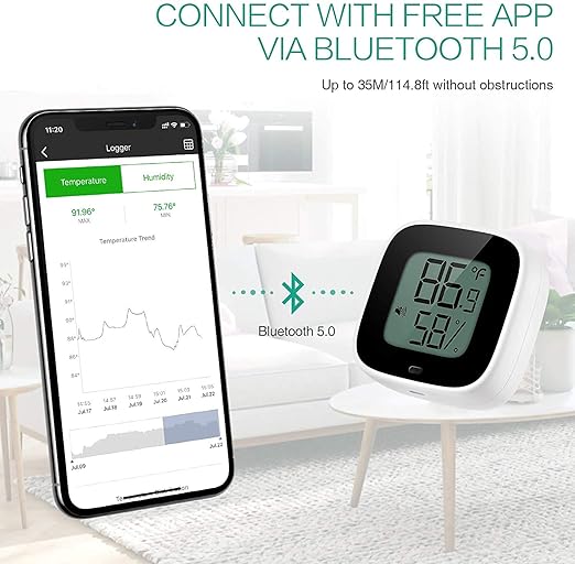 Wireless Thermometer Hygrometer for iPhone/Android, Smart Bluetooth Humidity Temperature Sensor with Alarm and Data Storage for Green House Guitar Camera Storage Humidor Incubator Monitor - Image 2