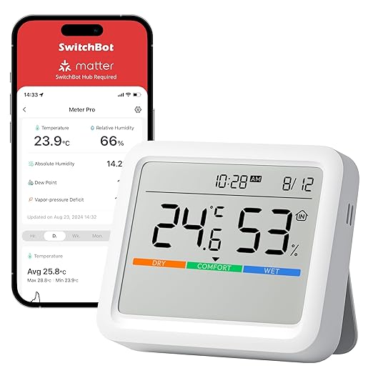 SwitchBot Meter Pro, Digital Hygrometer & Thermometer - Wireless Indoor Temperature & Humidity Monitor with Bluetooth App Control, Real-Time Alerts (1, Meter Pro) by SwitchBot