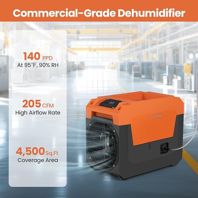 COSTWAY 140 Pints Commercial Dehumidifier with Pump, Portable Industrial Dehumidifier with Drain Hose for Basements, Job Sites, Water Damage Restoration (Orange) - Image 2