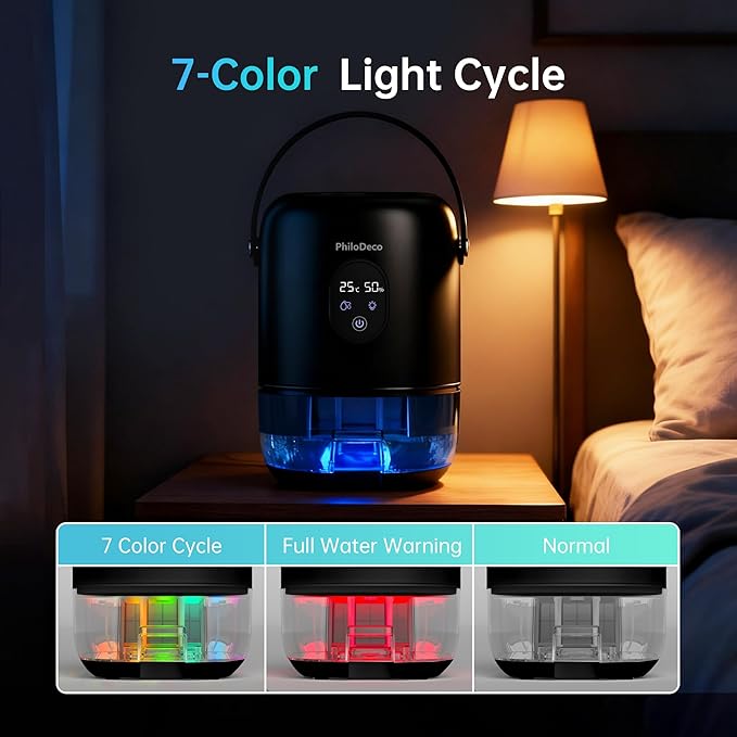 PHILODECO 280 Sq. Ft 35 OZ Dehumidifier, Portable Small Dehumidifiers for Bedroom, Bathroom, Basement,RV with CO mode, Sleep mode, Auto Shut Off, 7 Colorful Lights, Black - Image 6