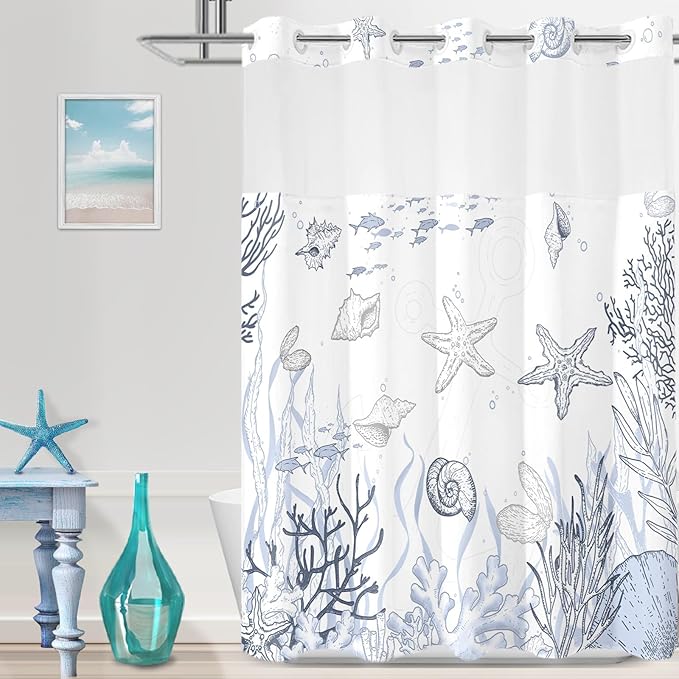 No Hook Shower Curtain with Snap in Liner, Beach Ocean Nautical Coastal Shower Curtains and Liner Set for Bathroom, Seashell Hotel Fabric Bath Curtain, Waterproof Washable, Grey 71" x 74" by TWLSNCD