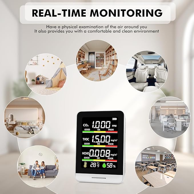 Air Quality Monitor Indoor,8-in-1 Smart Air Quality Tester with CO2, TVOC, HCHO, AQI, Temperature & Humidity, Real Time Display, Battery Powered, for Home & Office (White) - Image 4