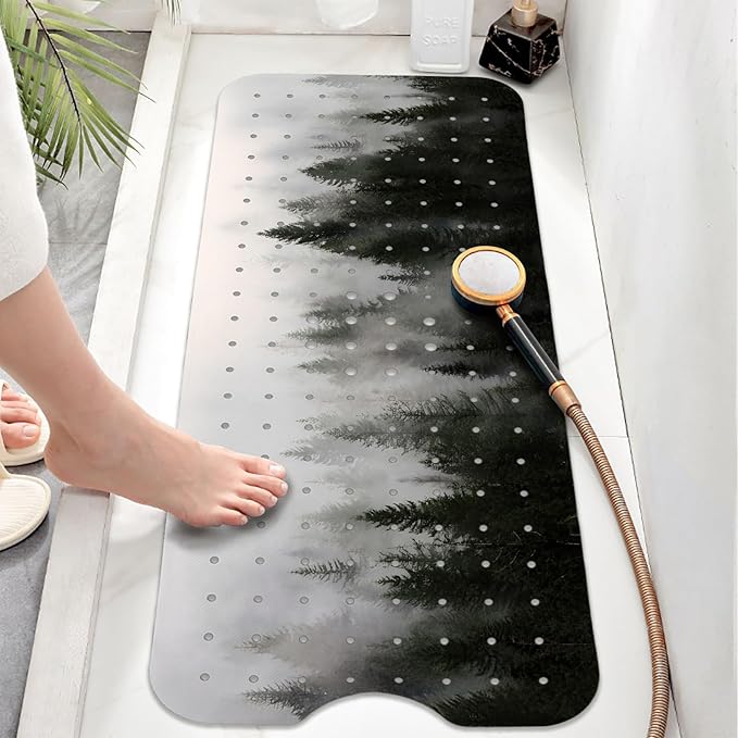 Misty Forest Bathtub Mat Non Slip, Baby Bath Mat for Tub Rubber Tub Mat, Kids Bath Mats for Bathroom Nature Trees Anti Slip Shower Mat with Suction and Drain Holes Machine Washable, 40″X16″ - Image 2