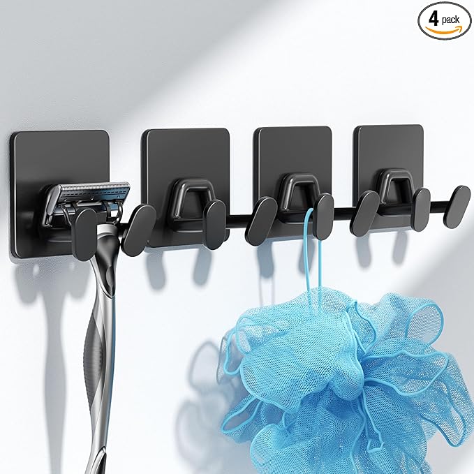 Adhesive Shower Hooks for Inside - Extra Sticky Stainless, Razor Holder Shower Accessories, Wall Mounted Self-Adhesive Double Hooks for Razor, Loofah, Towel, Shaver, Coat, Key, Matt Black, 4-Pack by susswiff