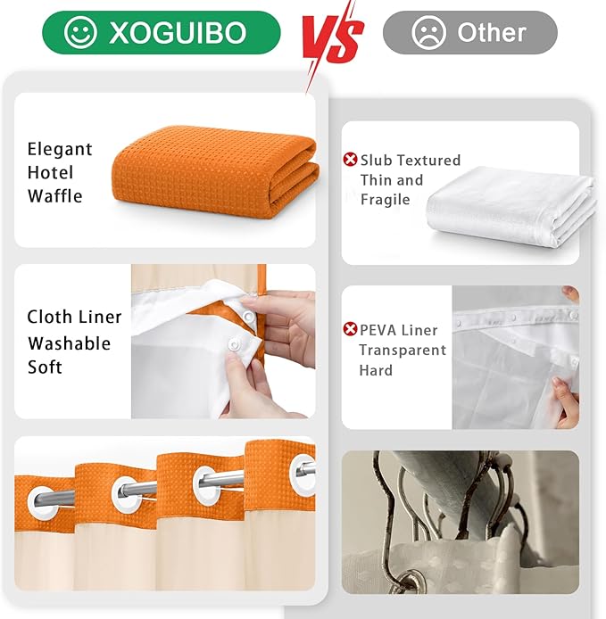 No Hook Shower Curtain and Liner Set,Orange Hotel Waffle Shower Curtain with Liner 75" L x 72" W - Image 5