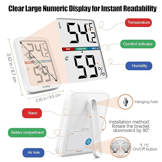 Vaikby Precision Hygrometer - Indoor Humidity Meter and Room Thermometer with Temperature Gauge, Digital Monitor for Home Comfort, Wall-Mounted or Tabletop, Energy-Efficient Sensor for Nursery & House - Image 5