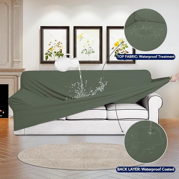 PureFit 100% Dual Waterproof Couch Cover Slipcovers for Couches and Sofas - Stretch Non Slip Fleece Sofa Covers Washable, Leakproof Furniture Protector for Kids, Pets (Oversized Sofa, Greyish Green) - Image 3
